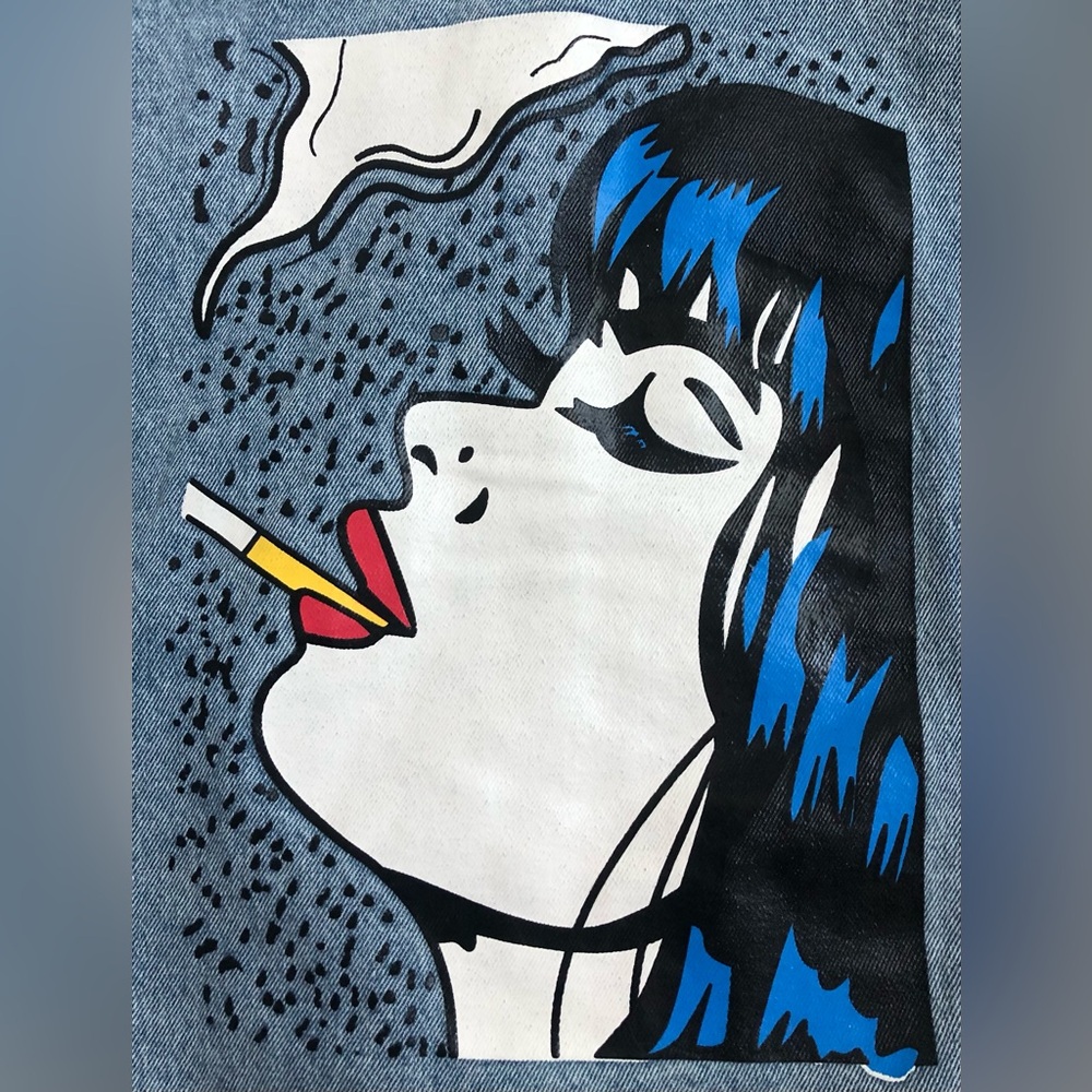 SMOKING KILLS OVERSIZED CARTOON GRAPHIC DENIM JACKET SIZE: LARGE - Picture 2 of 7